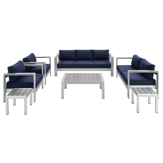 Modway - Shore 7 Piece Sunbrella? Fabric Outdoor Patio Aluminum Set by Modway  Outdoor Furniture Sofa Sectionals Blue - EEI-4322-SLV-NAV-SET