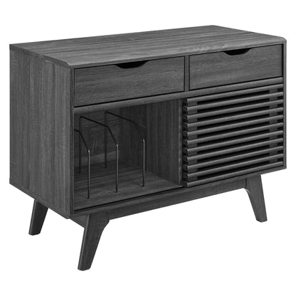 Dark charcoal woodgrain vinyl record display stand with open shelves and angled legs.