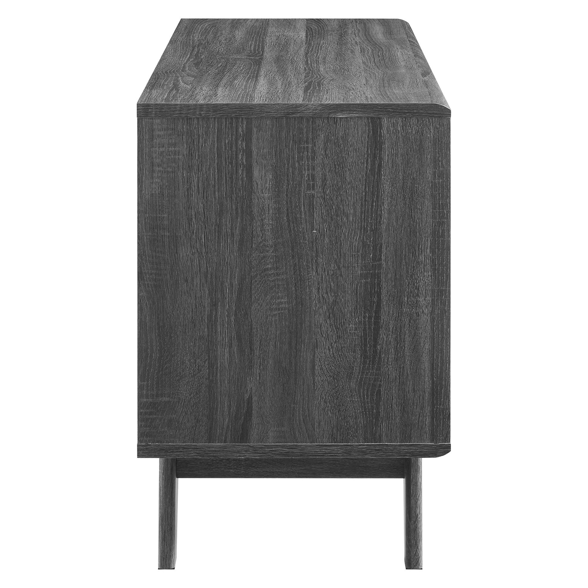 Brown woodgrain vinyl record display stand with slim black metal legs.