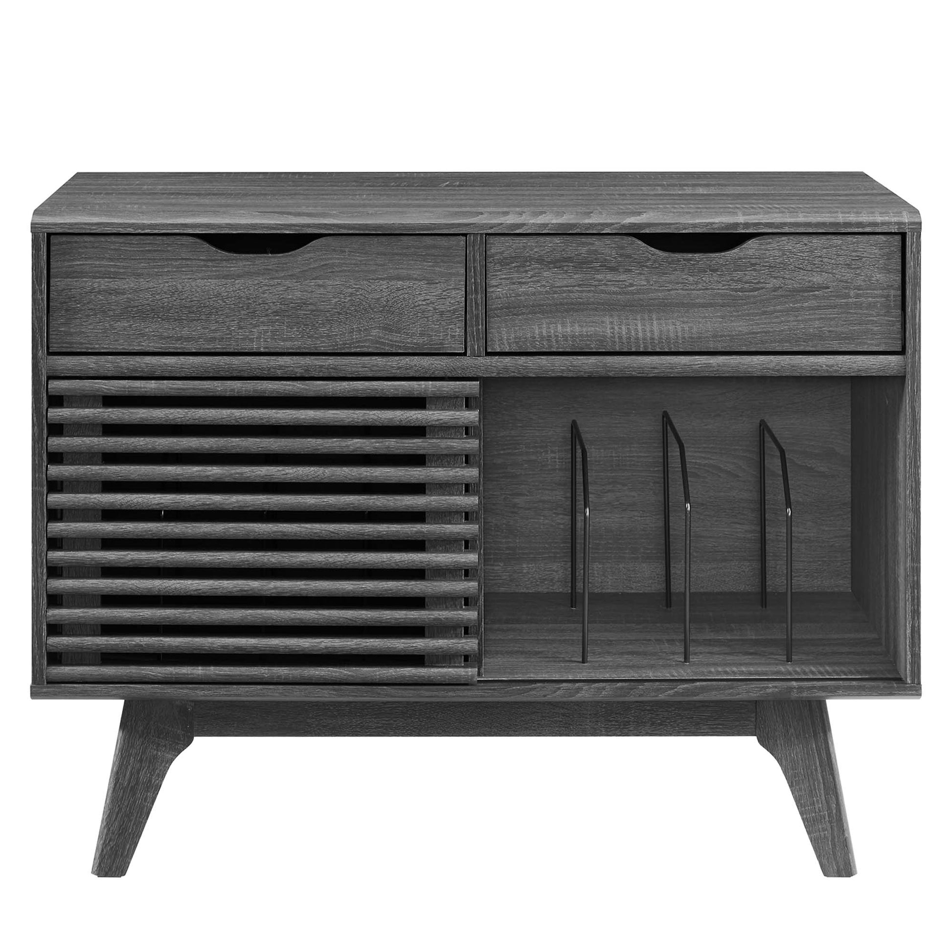 Charcoal gray vinyl record display stand with multiple open shelves and metal dividers for organizing records.