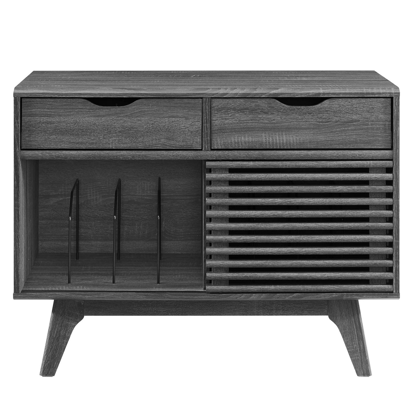 Brown vinyl record display stand with angled legs and open compartments for records.