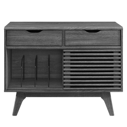 Brown vinyl record display stand with angled legs and open compartments for records.