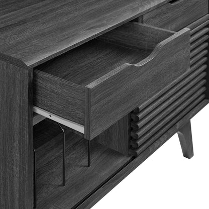 Brown vinyl record display stand with curved-front compartments, partially open to reveal interior; slatted panel and angled legs.
