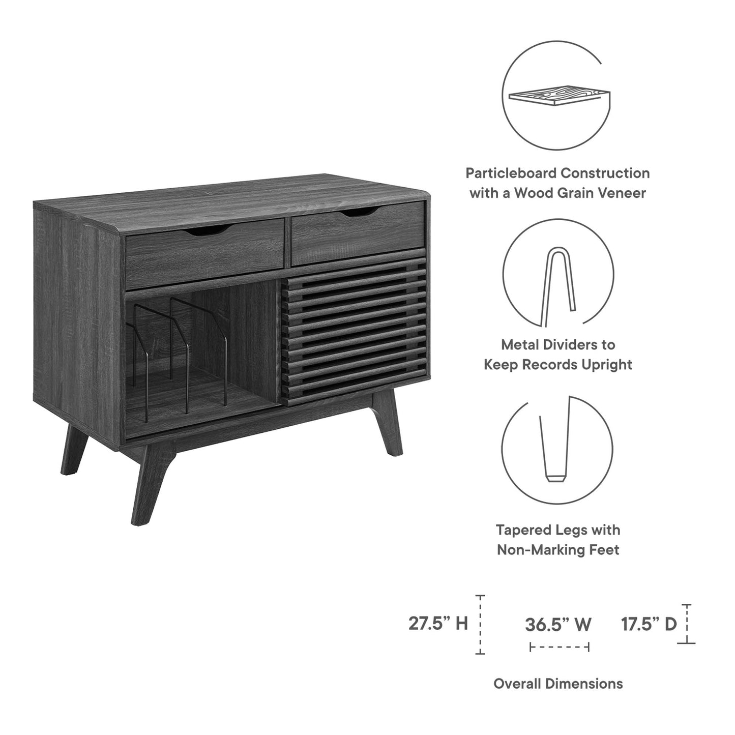 Charcoal wood-grain particleboard vinyl record display stand with 2 drawers, metal record dividers, slatted cabinet, tapered legs.