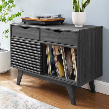 Dark brown vinyl record display stand with slots for records and a top surface