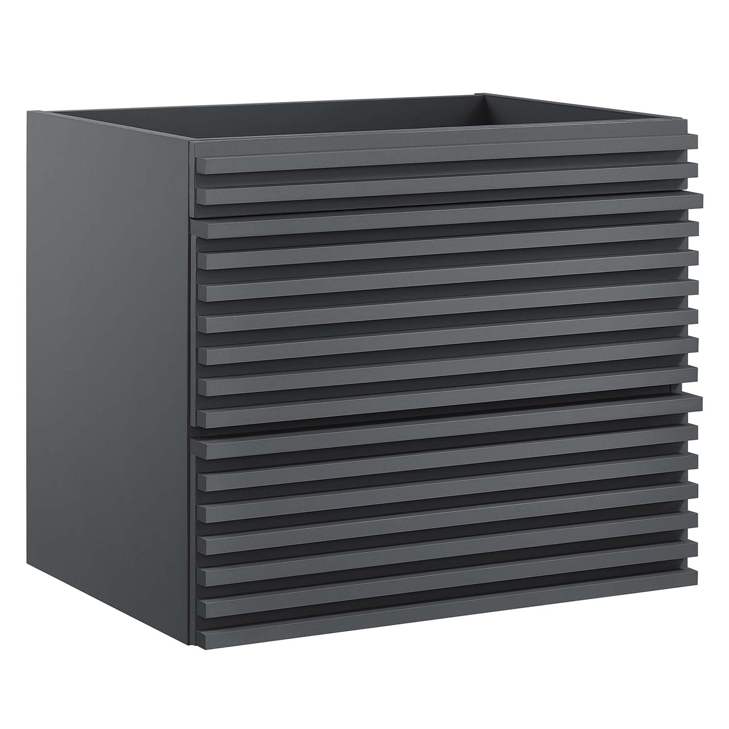 Gray wall-mount bathroom vanity cabinet with ribbed front panels; sink basin not included.