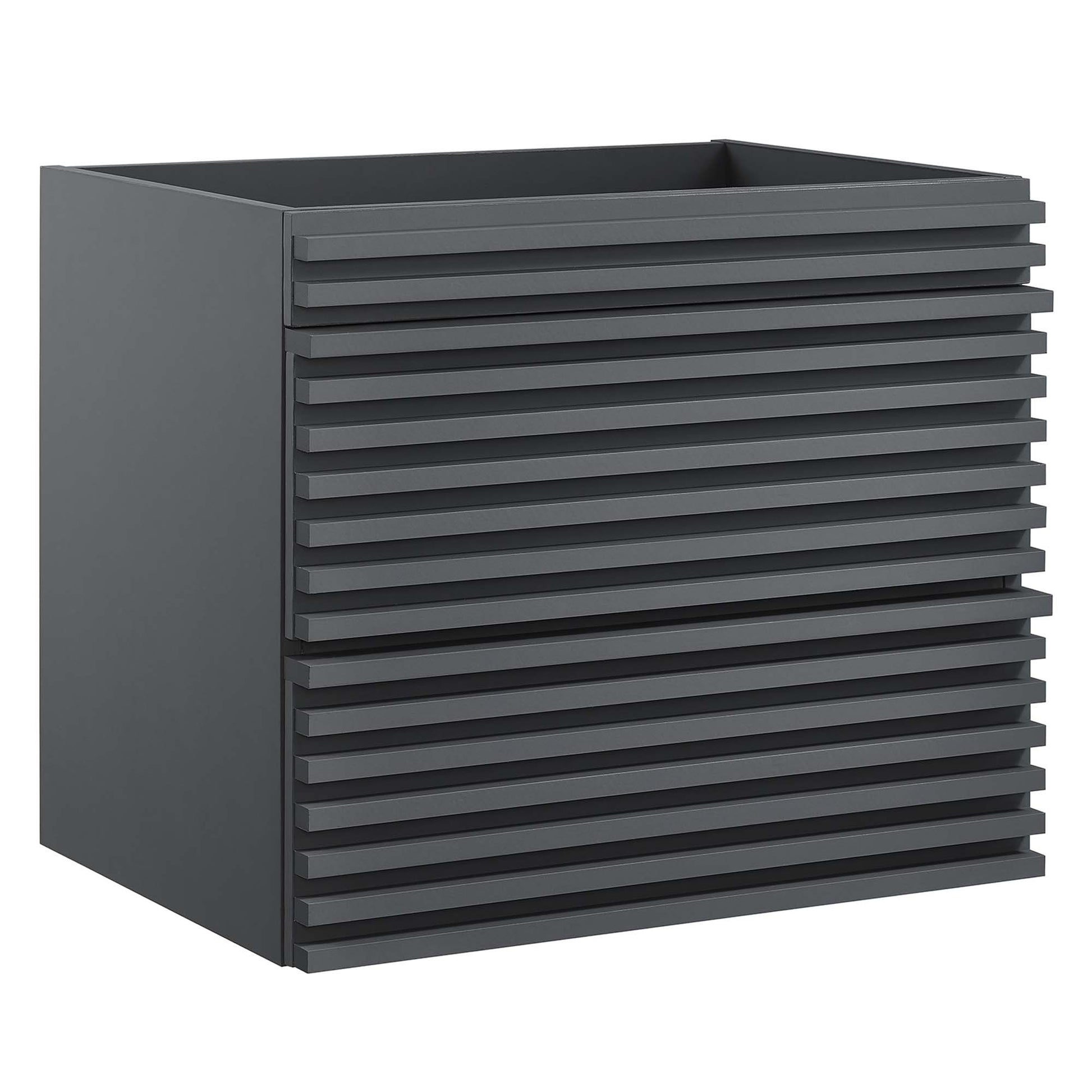 Gray wall-mount bathroom vanity cabinet with ribbed front panels; sink basin not included.