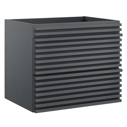 Gray wall-mount bathroom vanity cabinet with ribbed front panels; sink basin not included.