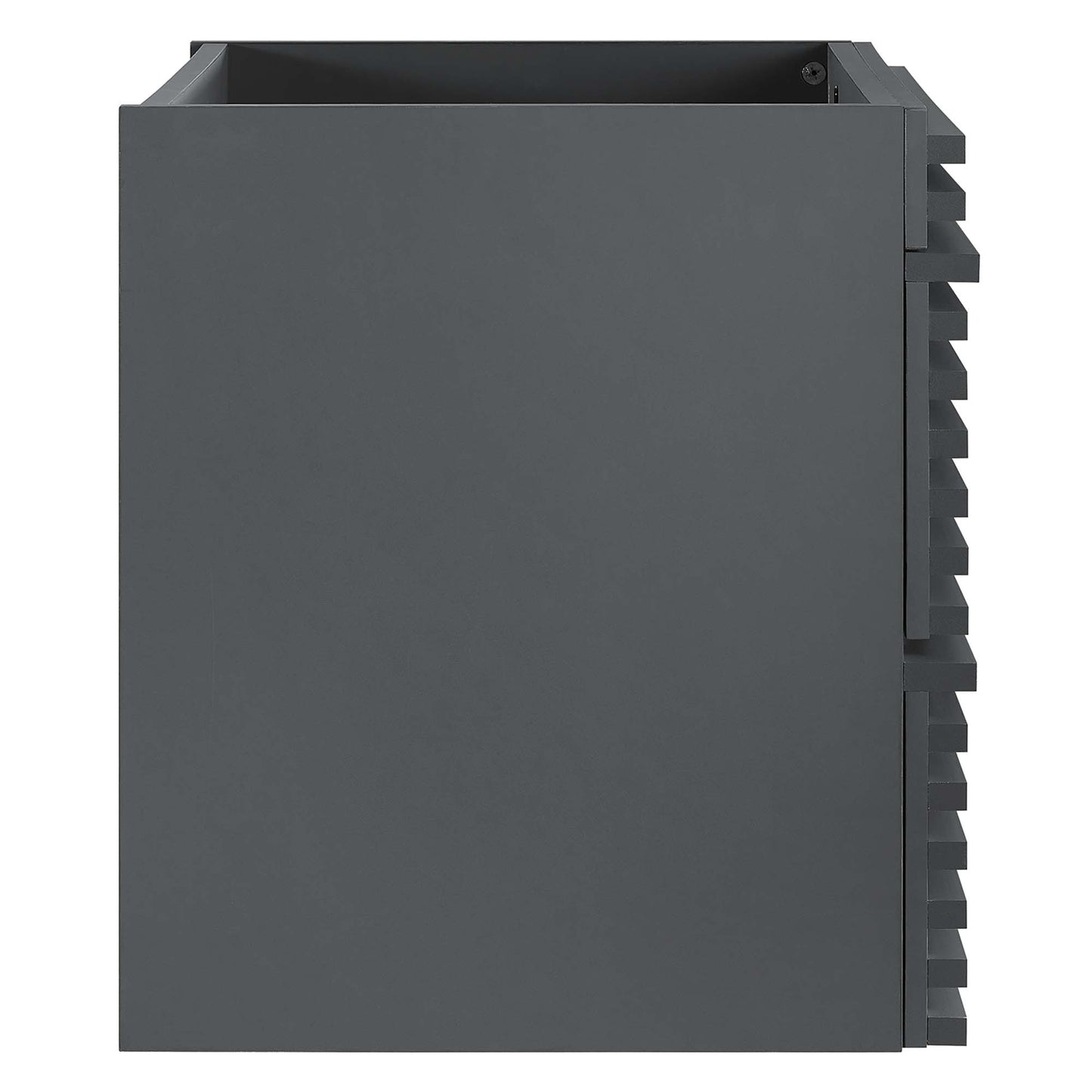 Gray metal rectangular box with an open top and right-side vertical slats; modern industrial vented cabinet.