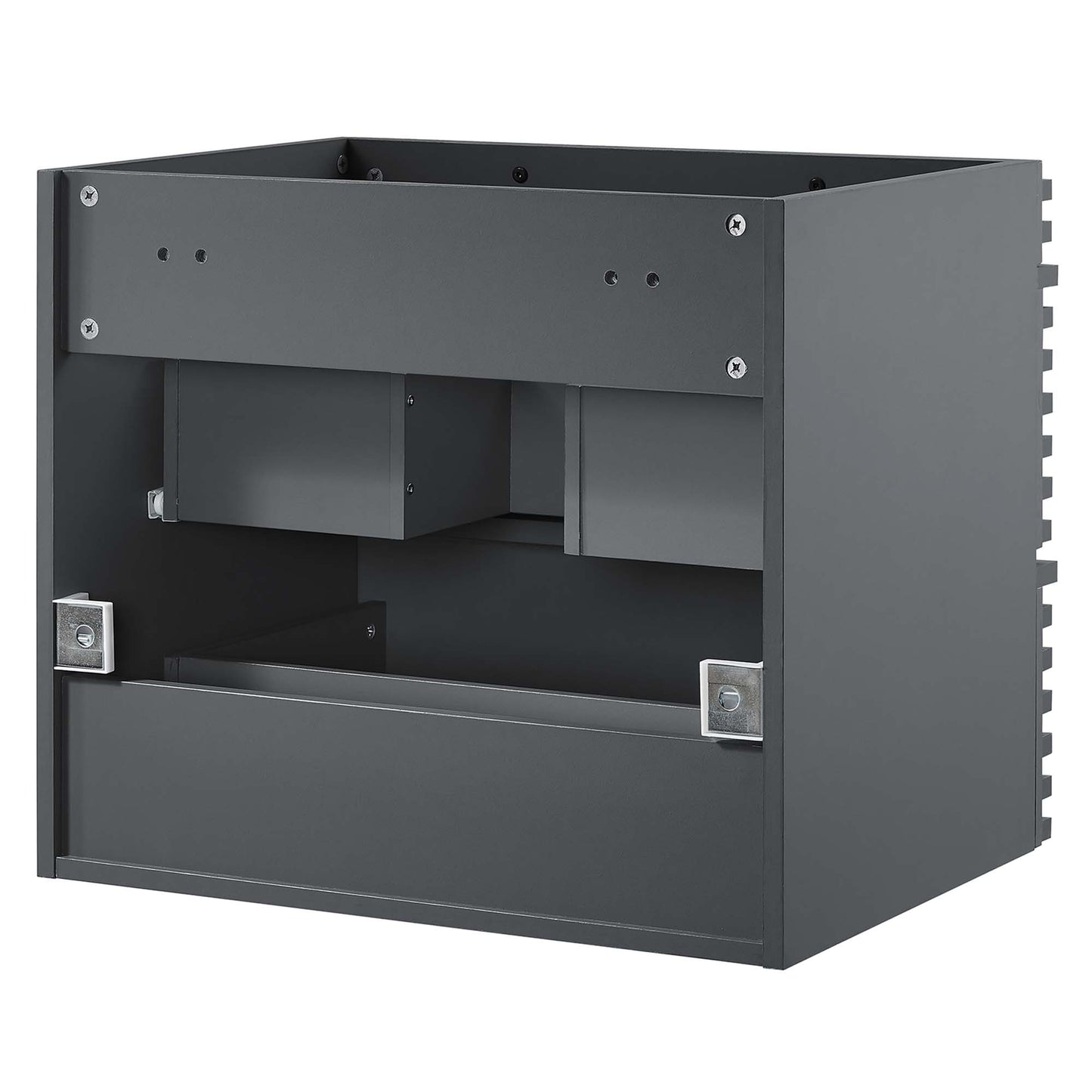 Gray 24-inch wall-mount bathroom vanity cabinet (sink basin not included) with interior shelves.