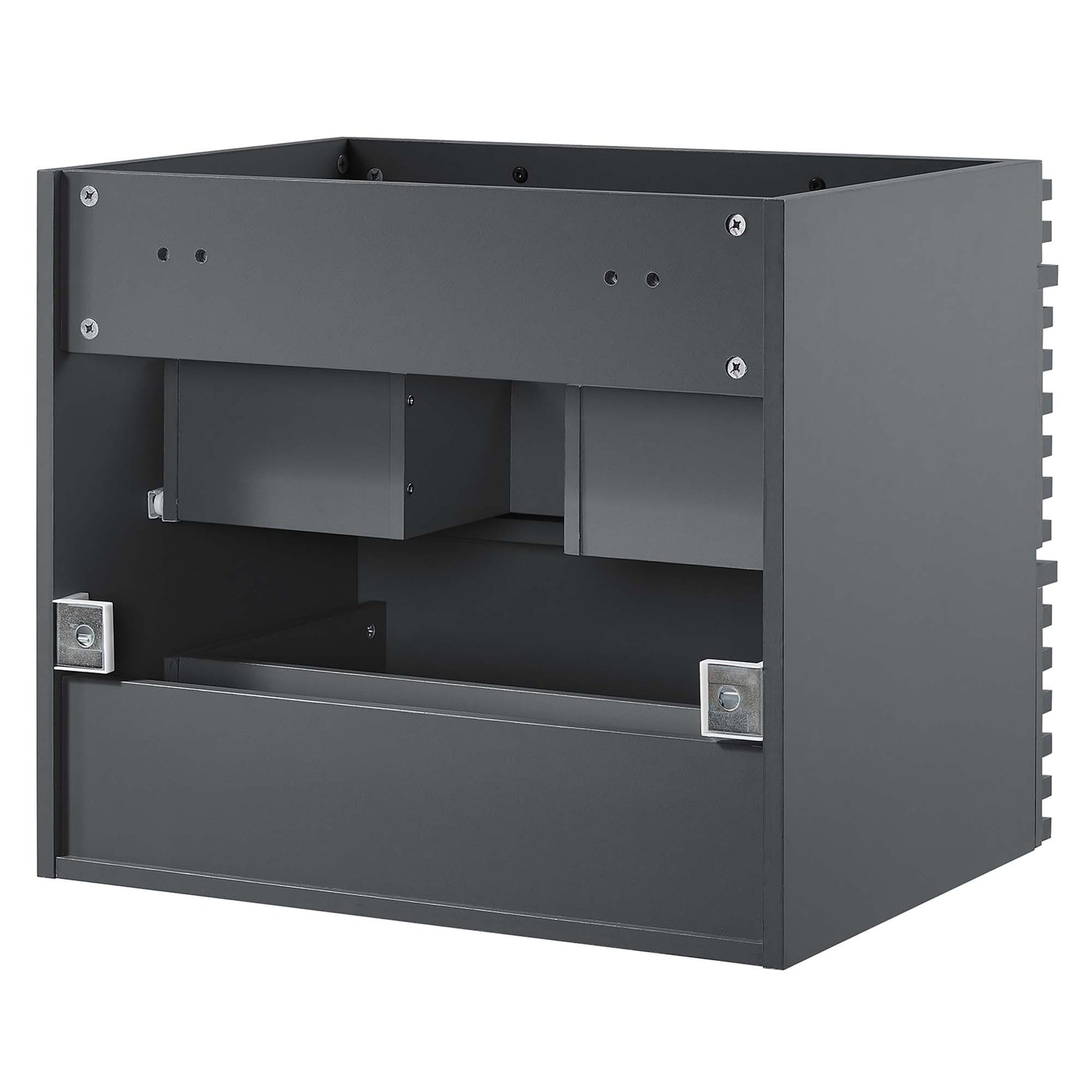 Gray 24-inch wall-mount bathroom vanity cabinet (sink basin not included) with interior shelves.