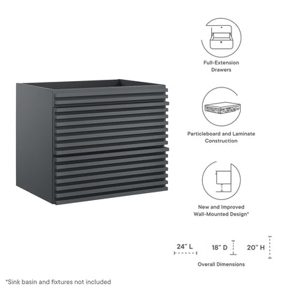 Gray wall-mounted cabinet with a ribbed front & full-extension drawers; 24in L x 18in D x 20in H; sink not included.