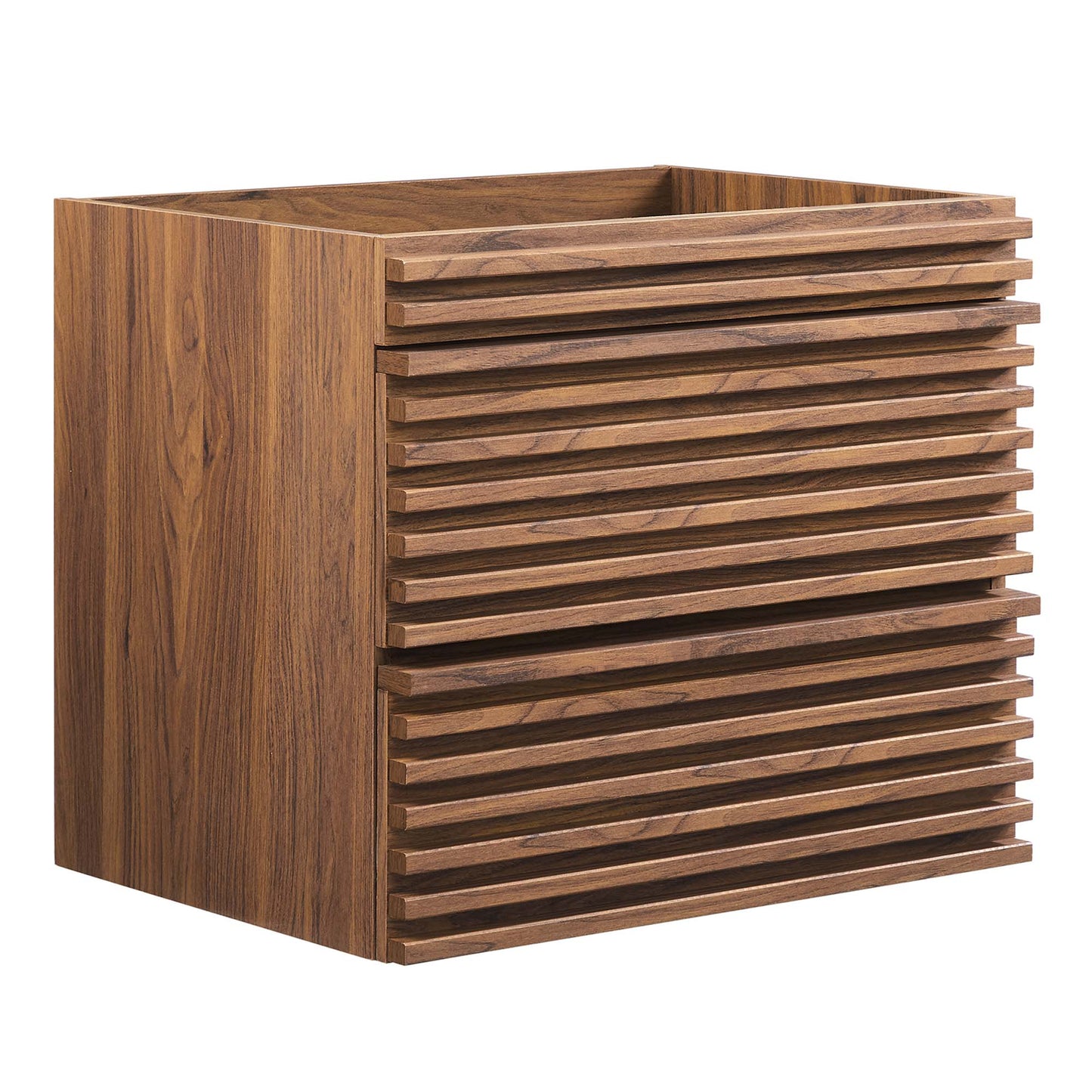 Walnut-finish wall-mount bathroom vanity cabinet with horizontal slats.