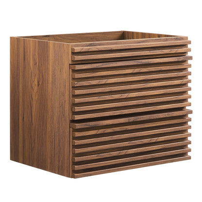 Walnut-finish wall-mount bathroom vanity cabinet with horizontal slats.