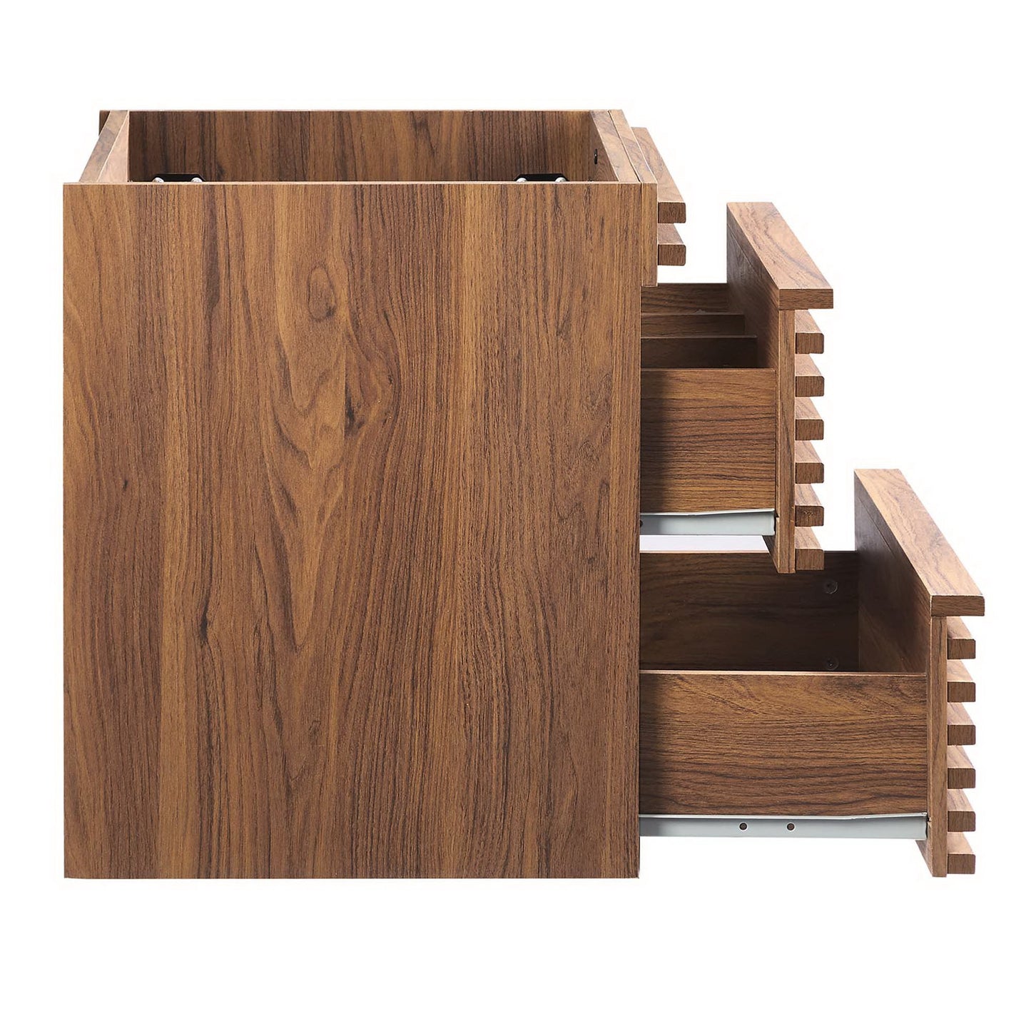 Walnut finish wall-mount bathroom vanity cabinet with an open top square compartment and three stacked sliding drawers with slatted sides.