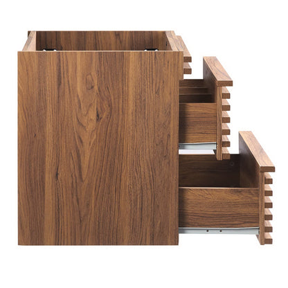 Walnut finish wall-mount bathroom vanity cabinet with an open top square compartment and three stacked sliding drawers with slatted sides.