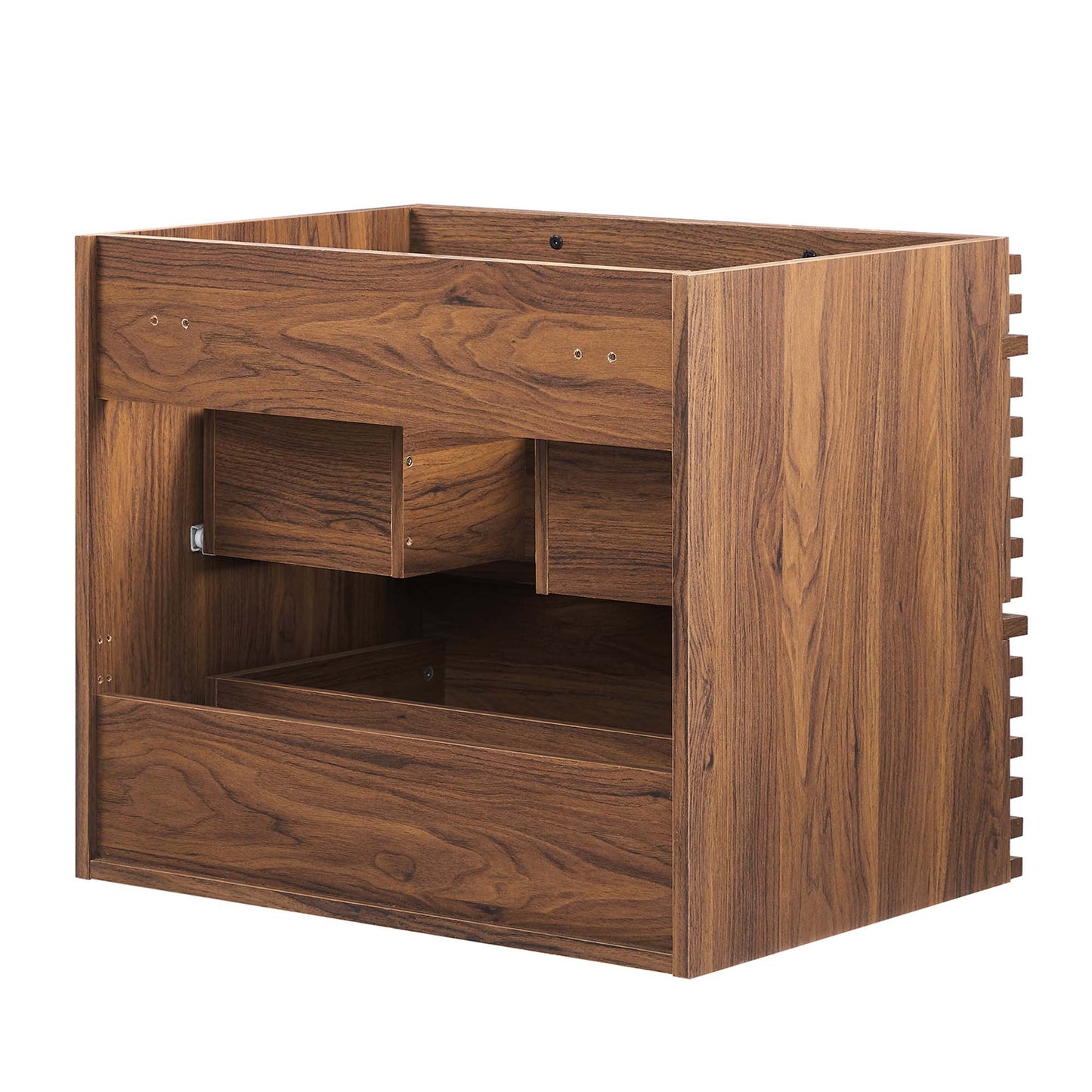 Walnut-finish wall-mount bathroom vanity cabinet with open front, two small pull-out drawers and a bottom shelf.