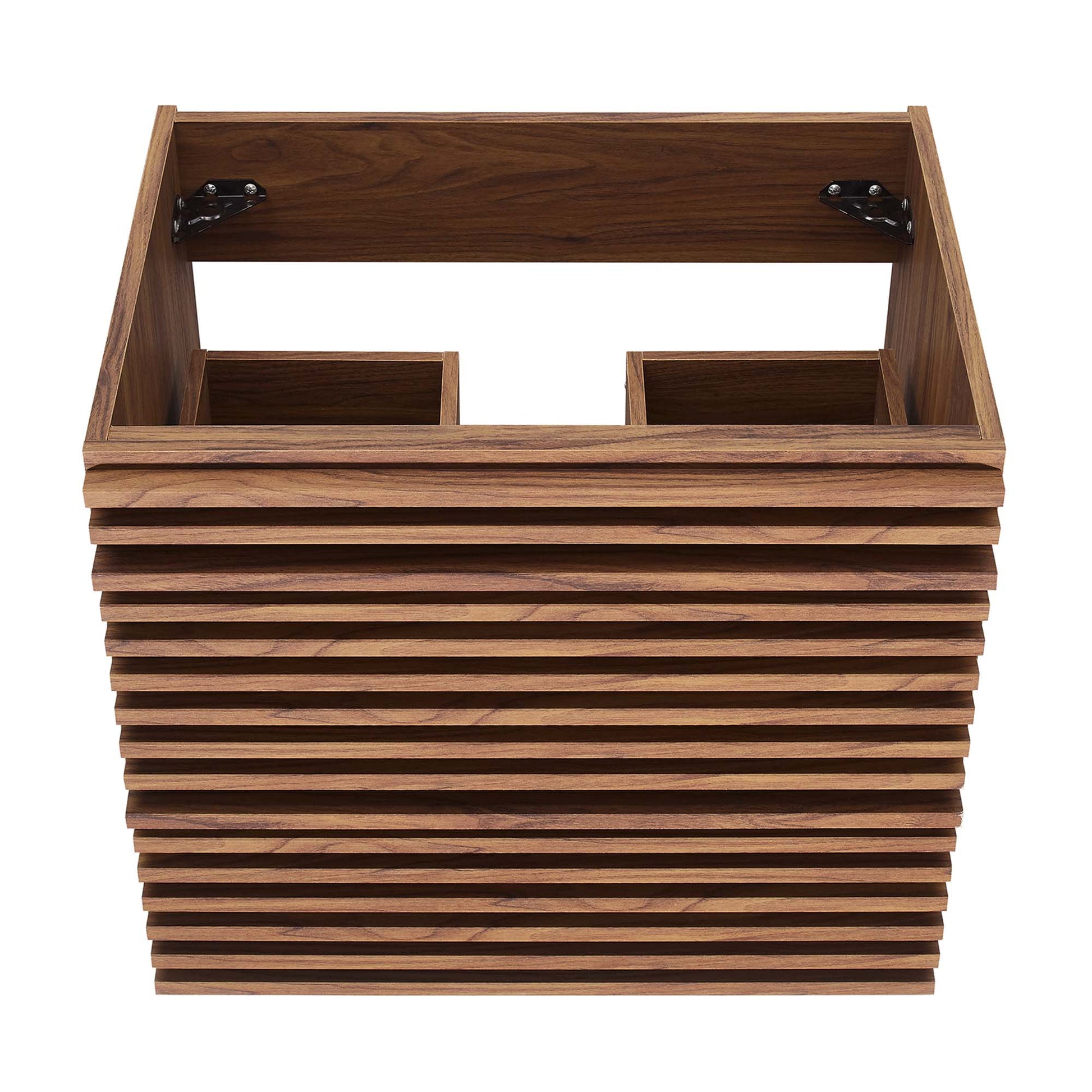 Walnut wood wall-mounted bathroom vanity cabinet.