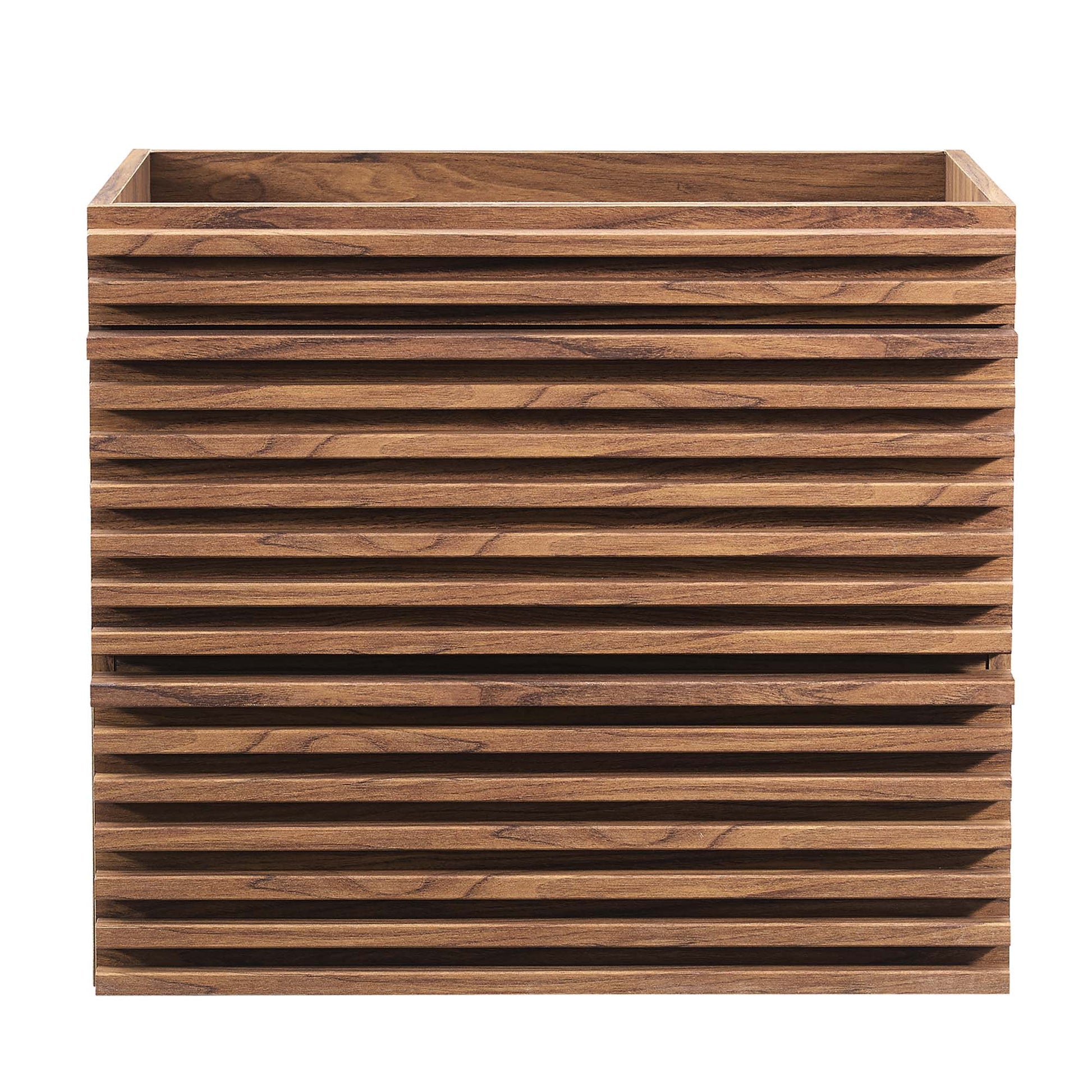 Walnut-finish wall-mount bathroom vanity cabinet with slatted vented sides & an open top shelf.