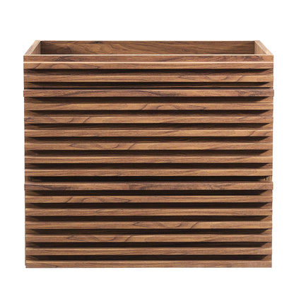 Walnut-finish wall-mount bathroom vanity cabinet with slatted vented sides & an open top shelf.