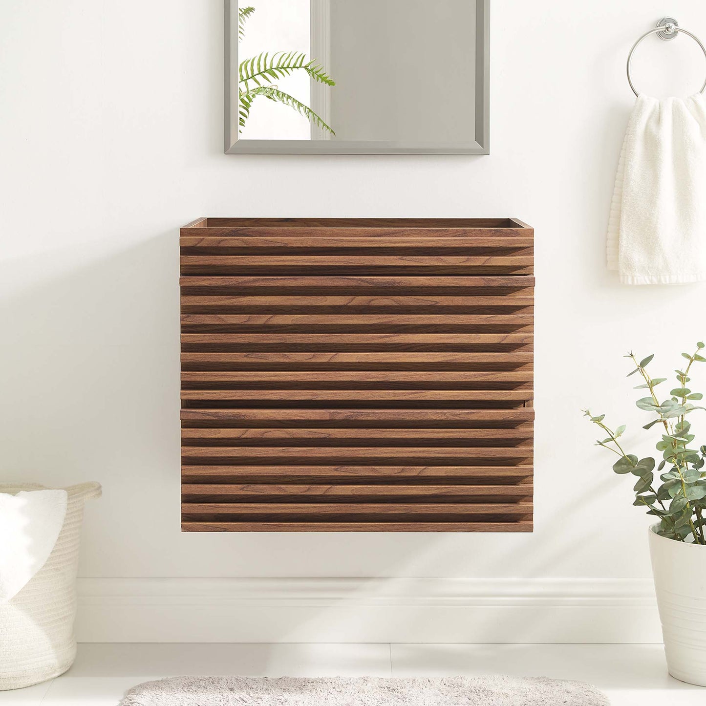 Walnut finish louvered wall-mount vanity cabinet with horizontal slats for bathroom storage.