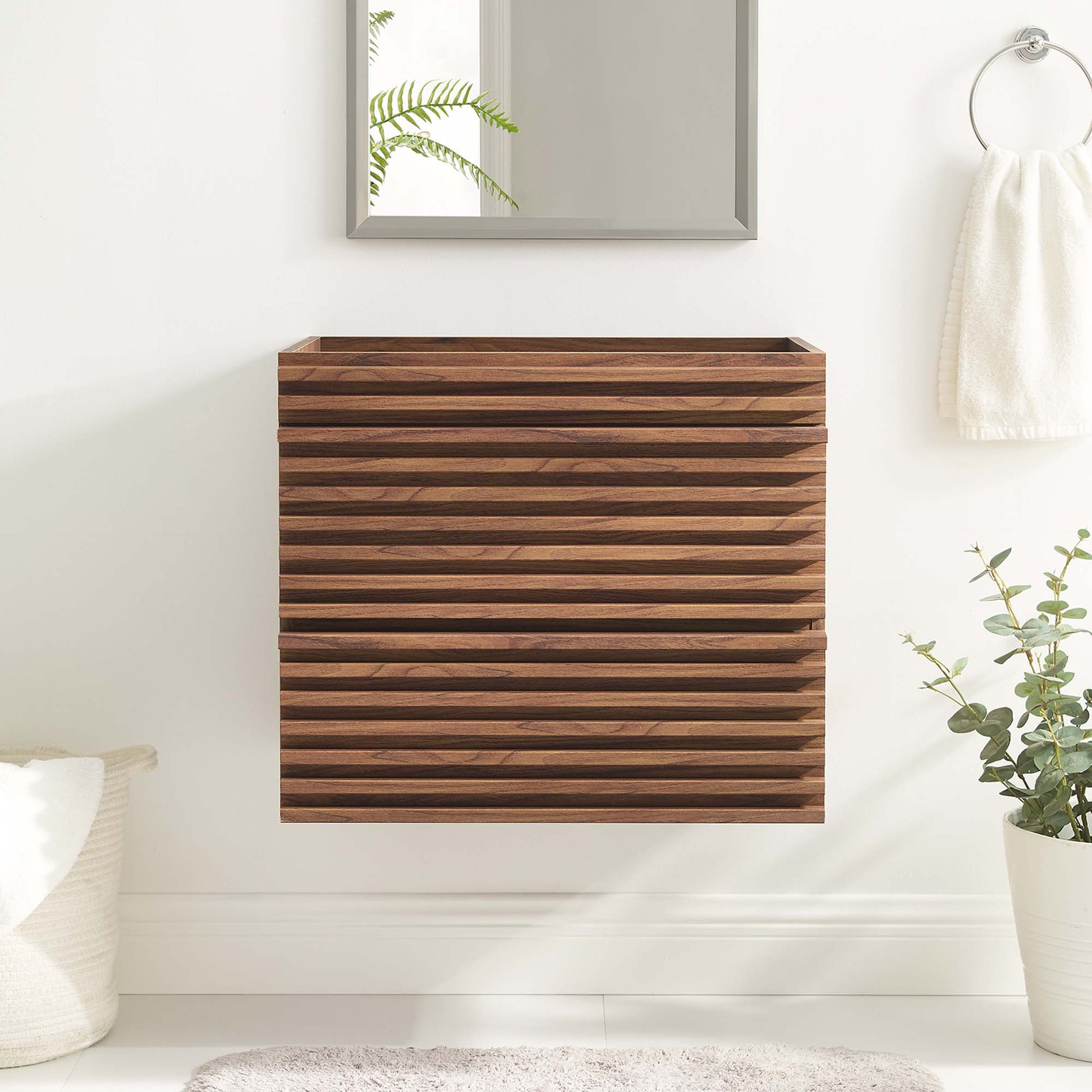 Walnut finish louvered wall-mount vanity cabinet with horizontal slats for bathroom storage.