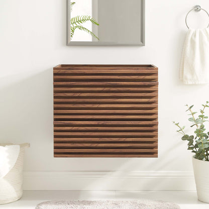 Walnut finish louvered wall-mount vanity cabinet with horizontal slats for bathroom storage.