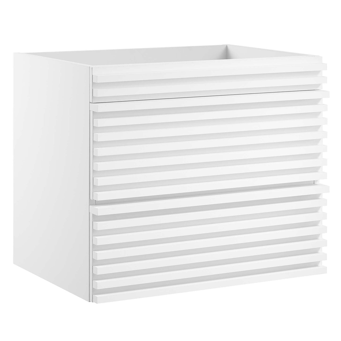 White rectangular wall-mounted bathroom vanity cabinet with louvered doors and horizontal slats.