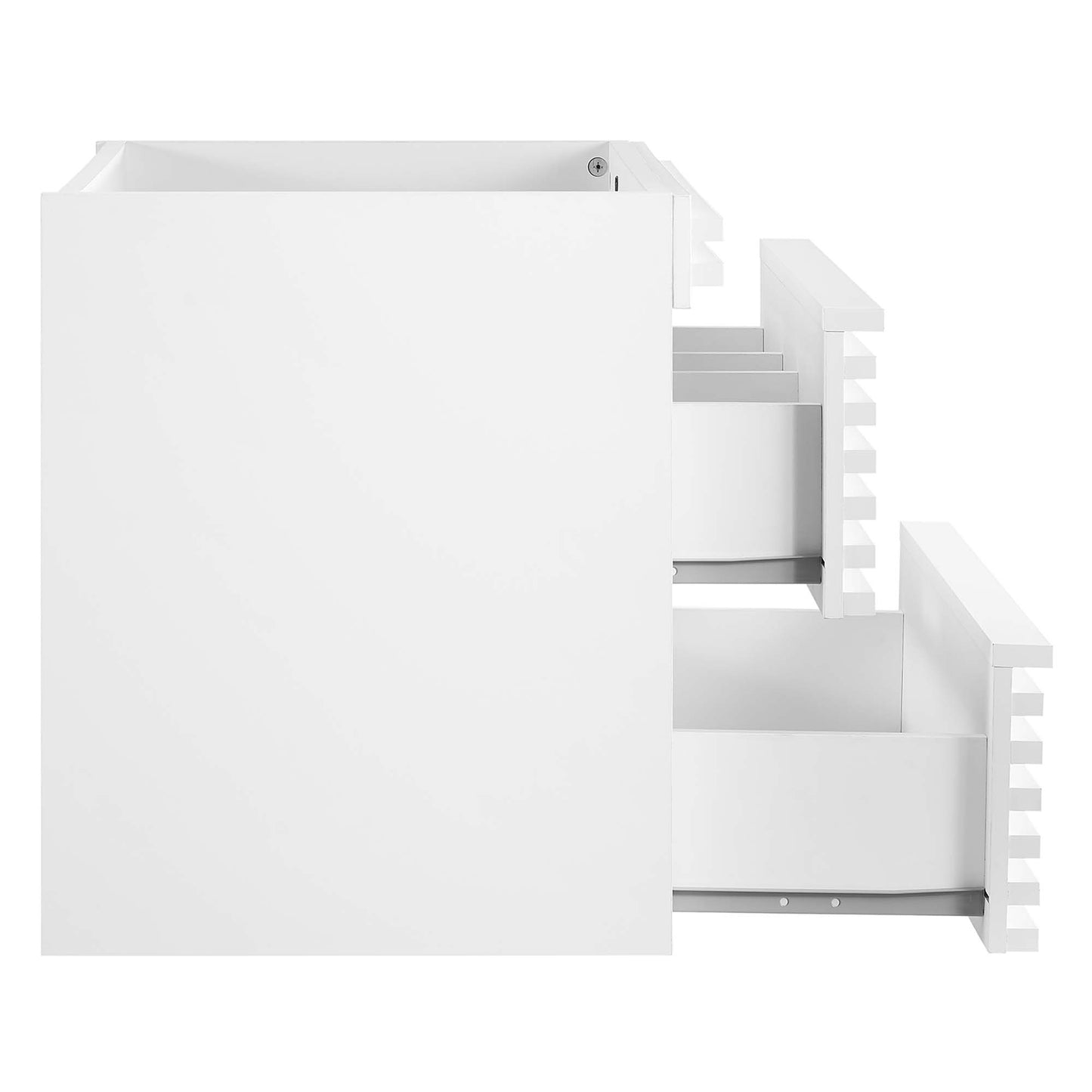 White modular bathroom vanity cabinet with three stepped pull-out drawers on the right, minimalist contemporary design.