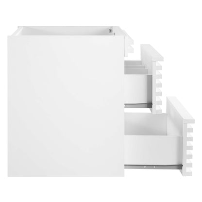 White modular bathroom vanity cabinet with three stepped pull-out drawers on the right, minimalist contemporary design.