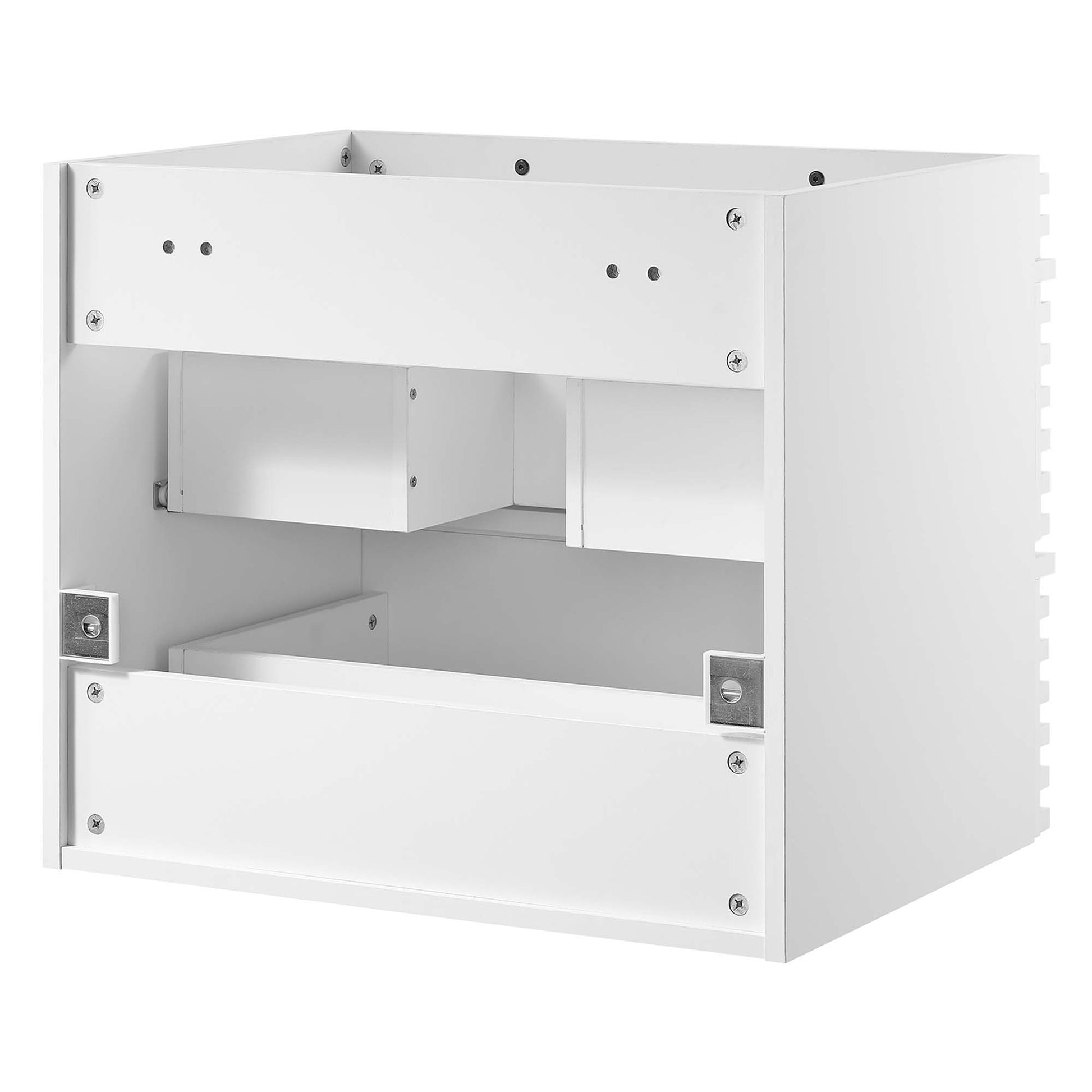 White 24 inches wide wall-mount bathroom vanity cabinet with open front showing inner shelves and mounting brackets; sink basin not included.