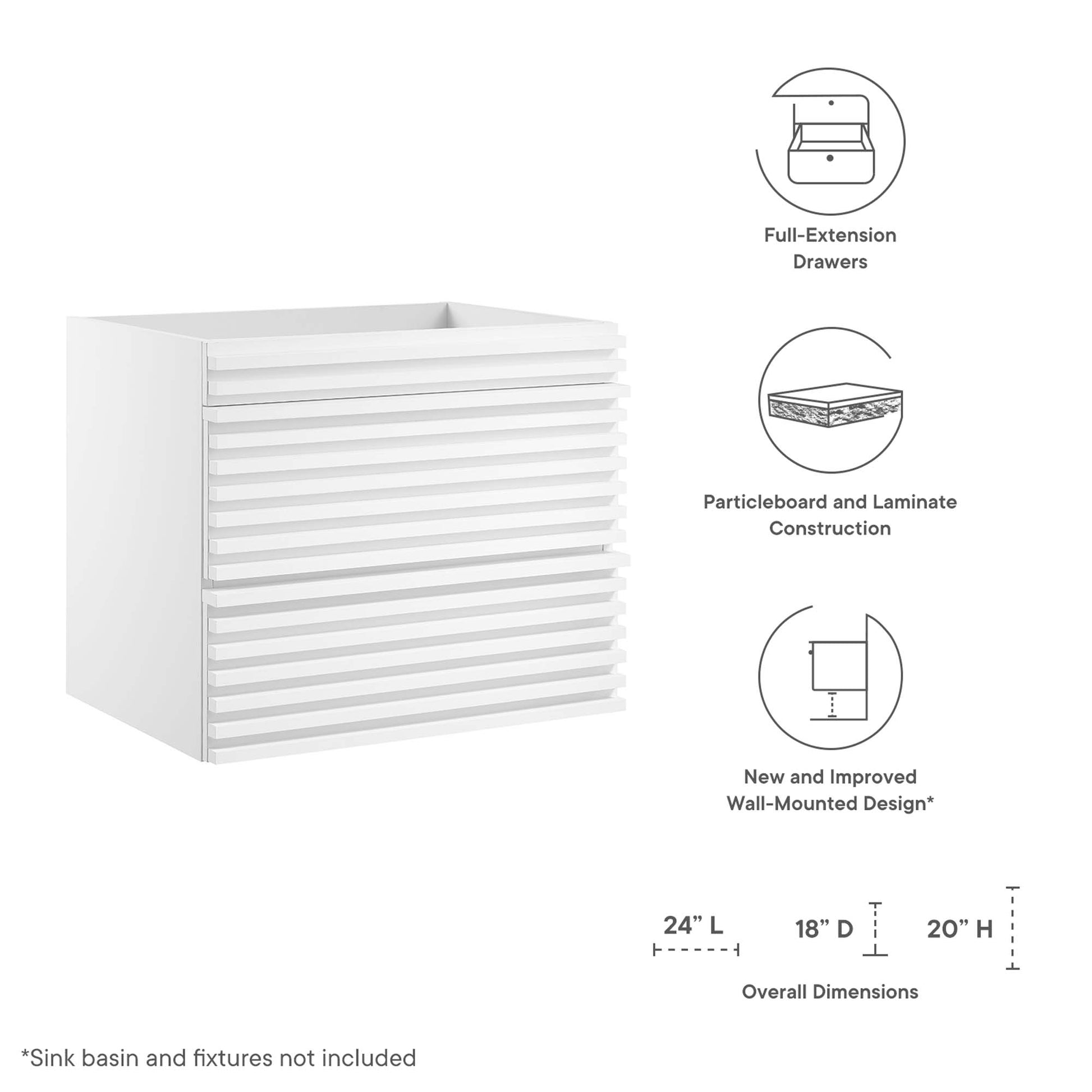 White wall-mounted bathroom cabinet with horizontal slatted front and full-extension drawers; modern design, 24L x 18D x 20H.