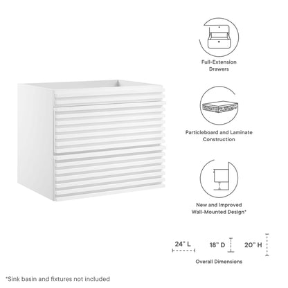 White wall-mounted bathroom cabinet with horizontal slatted front and full-extension drawers; modern design, 24L x 18D x 20H.
