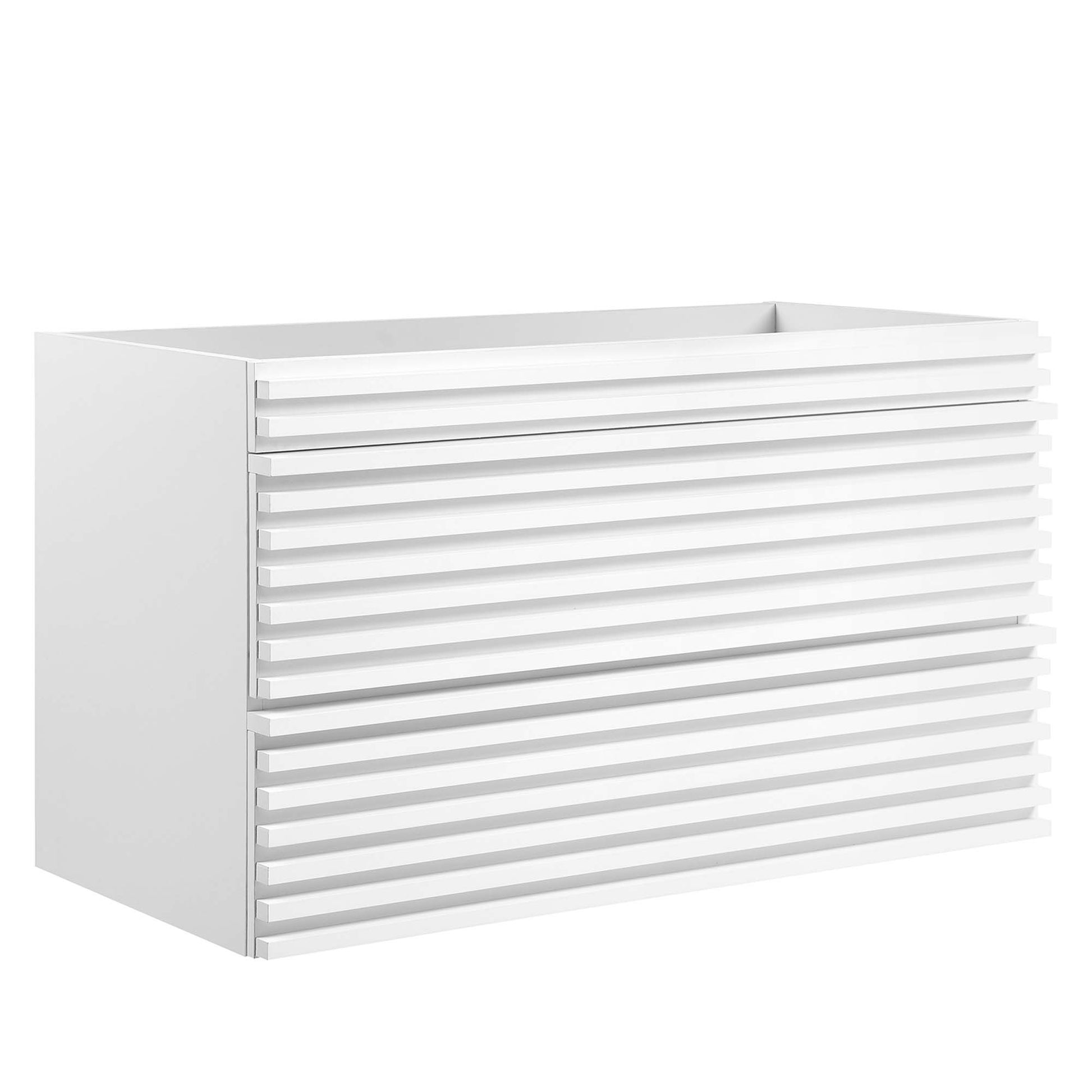 White 36-inch wall-mount bathroom vanity cabinet (sink basin not included) with doors.