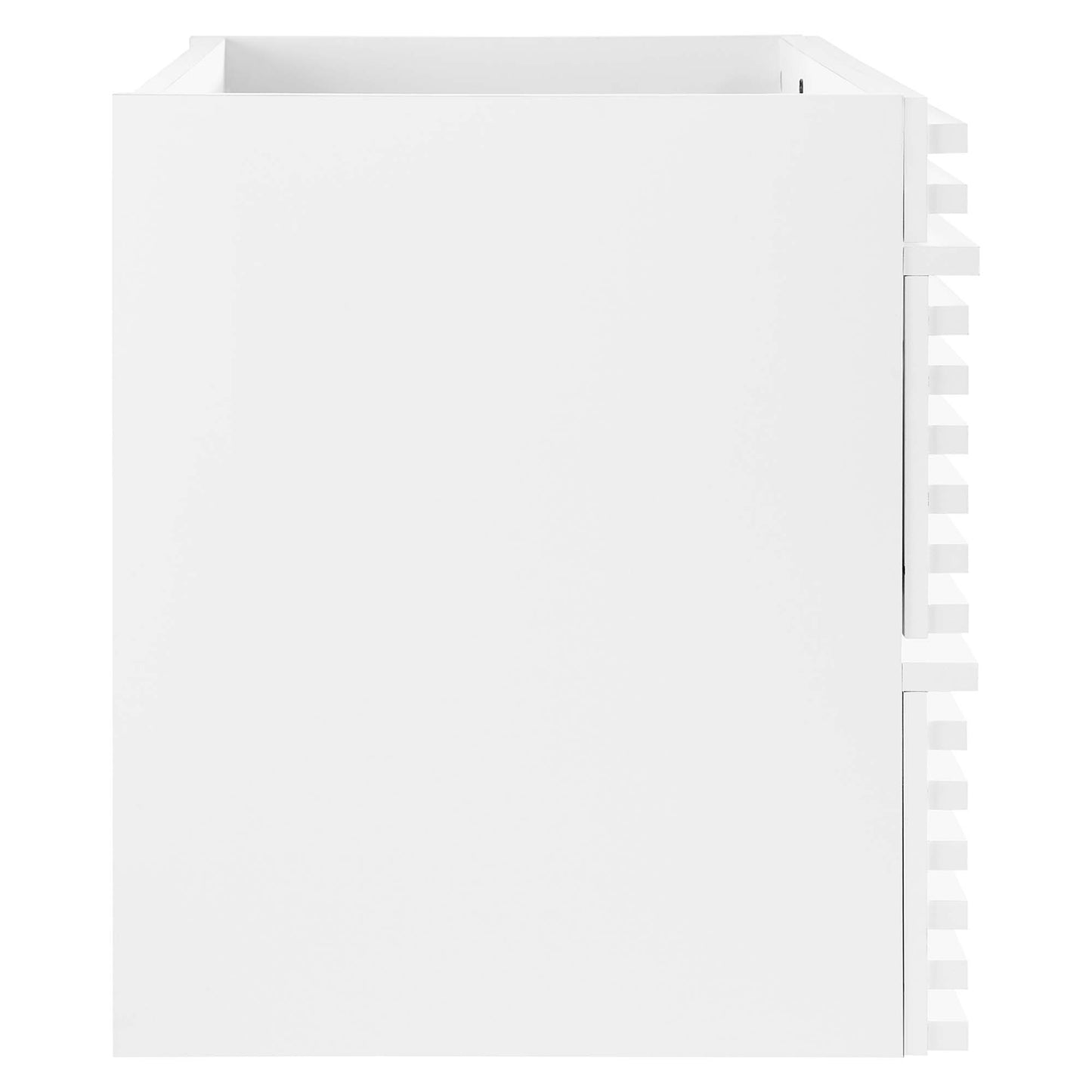 White 36-inch wall-mount bathroom vanity cabinet; sink basin not included.