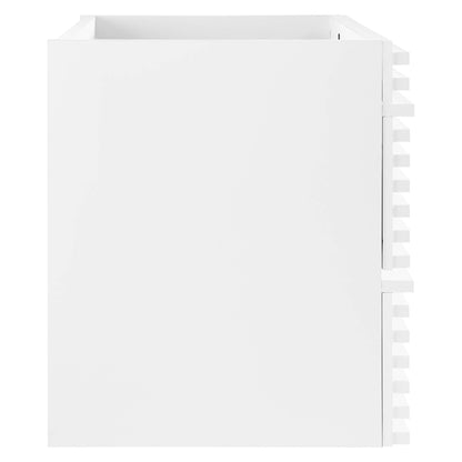 White 36-inch wall-mount bathroom vanity cabinet; sink basin not included.
