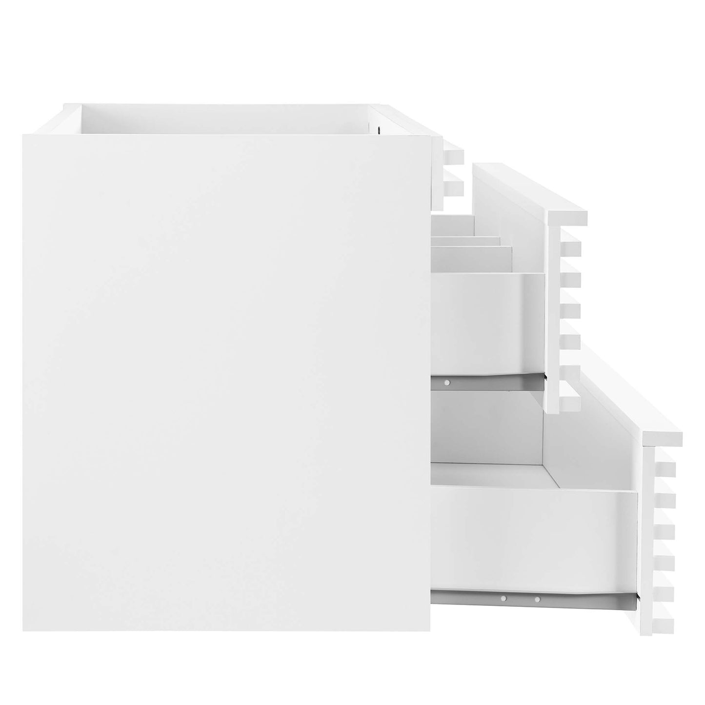 White wall-mount bathroom vanity cabinet with a large left cube and three stacked curved-front drawers on the right; minimalist storage.