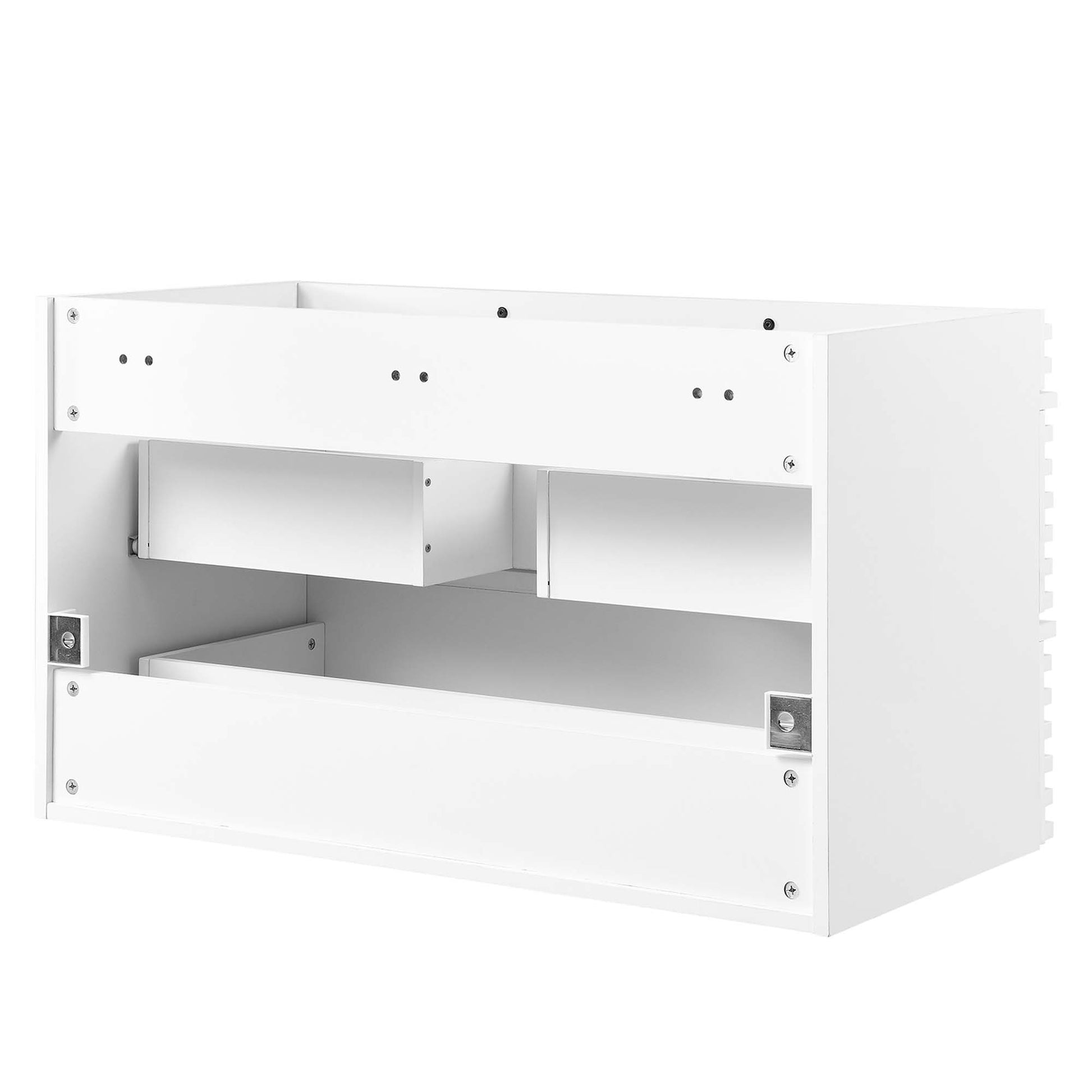 White wall-mount bathroom vanity cabinet with two shallow inner shelves and a large bottom compartment; visible screws.