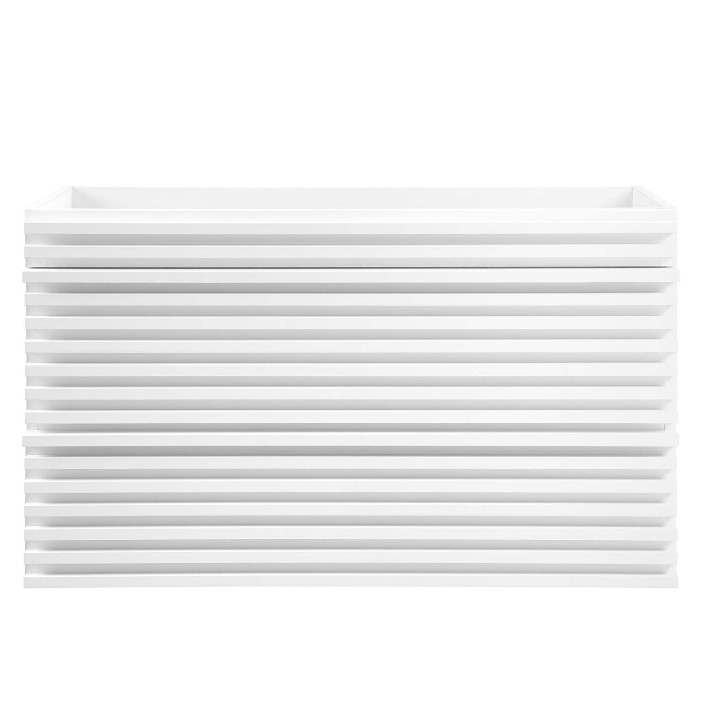 White wall-mount bathroom vanity cabinet; sink basin not included; 36 inches wide.
