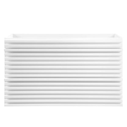 White wall-mount bathroom vanity cabinet; sink basin not included; 36 inches wide.