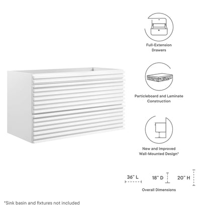 White wall-mounted cabinet with horizontal slatted drawers; full-extension; particleboard and laminate; 36L x 18D x 20H in