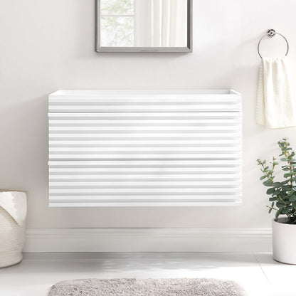 White 36-inch wall-mount bathroom vanity cabinet with ribbed rectangular doors and horizontal grooves; modern minimalist design (sink basin not included).