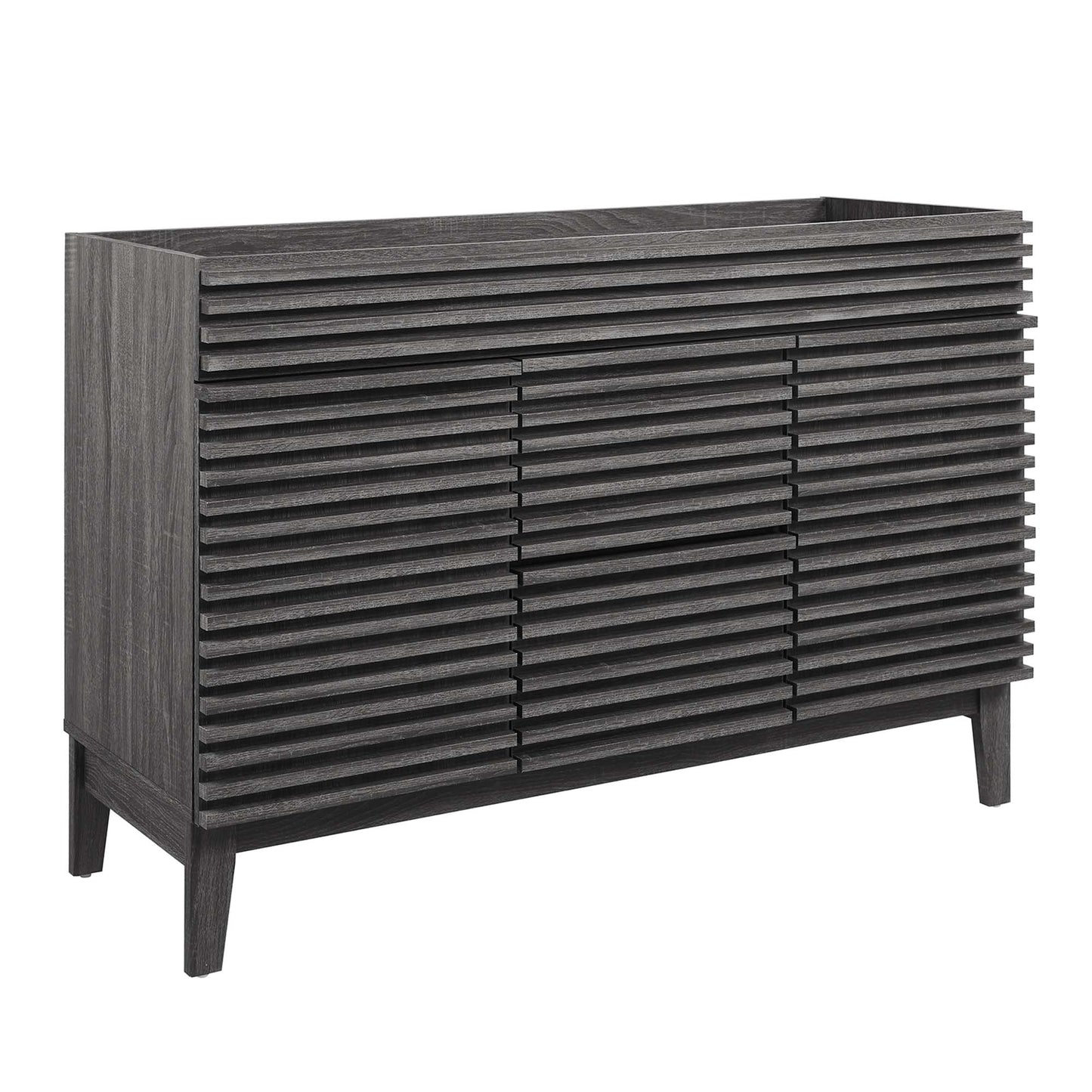 Charcoal bathroom vanity cabinet, 48" wide, double sink compatible (not included), with raised legs and modern flat-front doors.