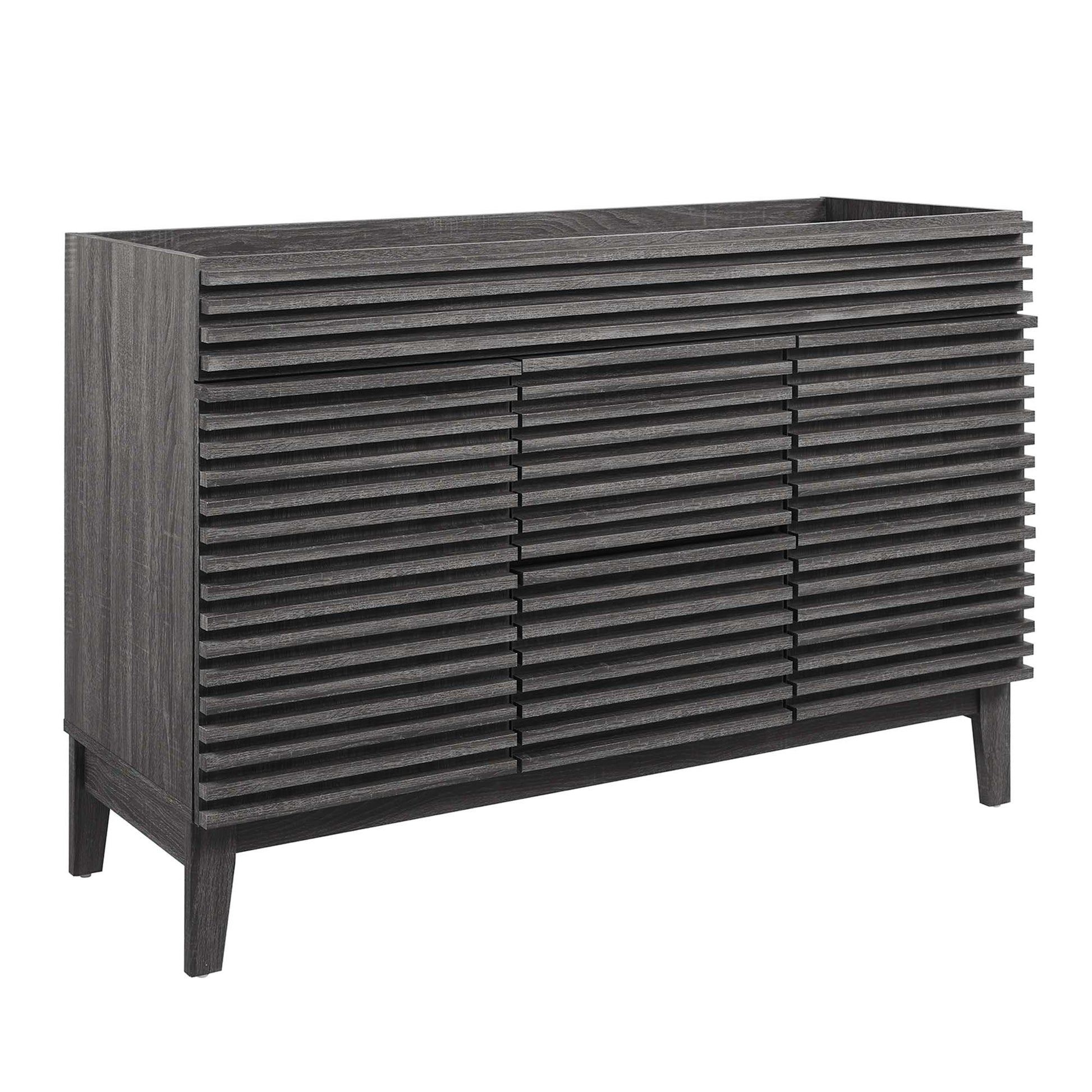 Charcoal bathroom vanity cabinet, 48" wide, double sink compatible (not included), with raised legs and modern flat-front doors.