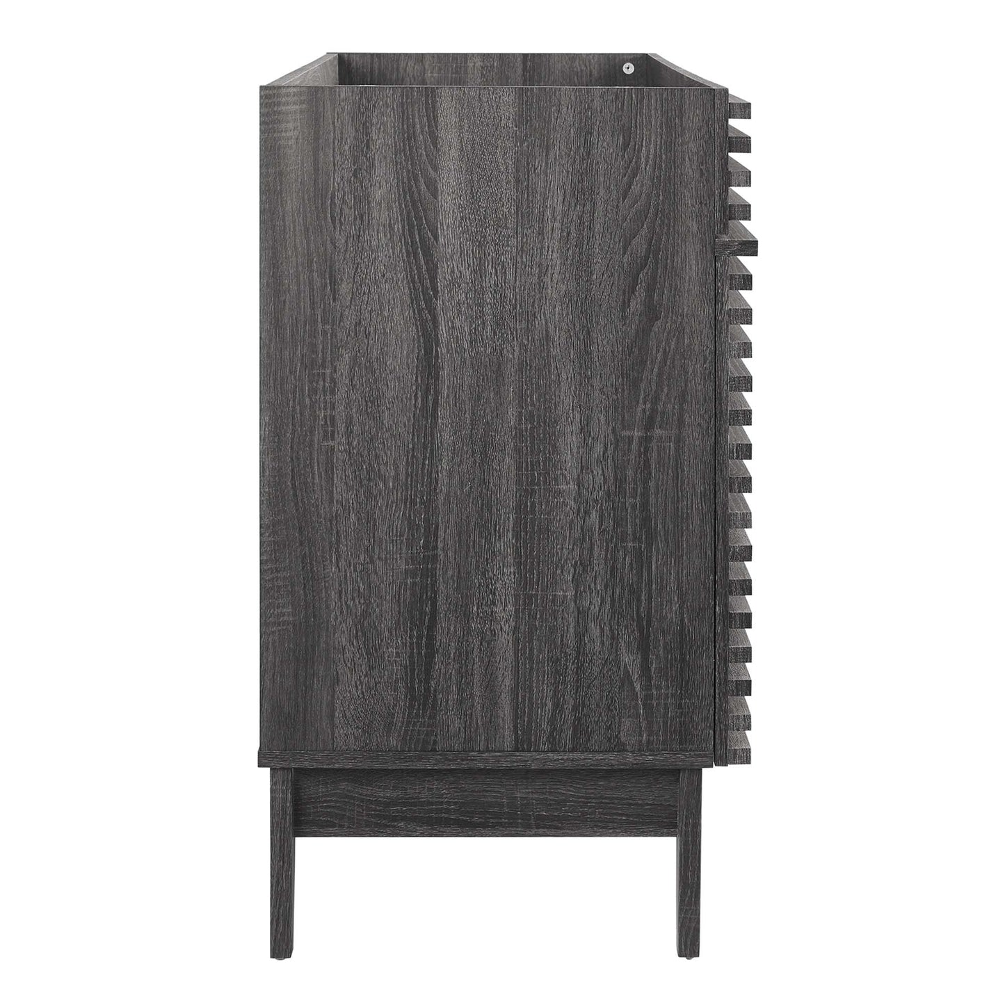 Dark gray wood bathroom vanity cabinet on tapered legs with a right-side built-in rack of square slots.