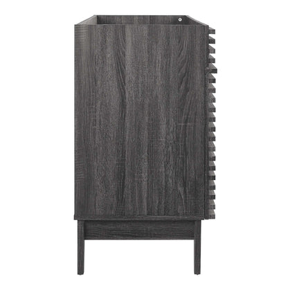 Dark gray wood bathroom vanity cabinet on tapered legs with a right-side built-in rack of square slots.