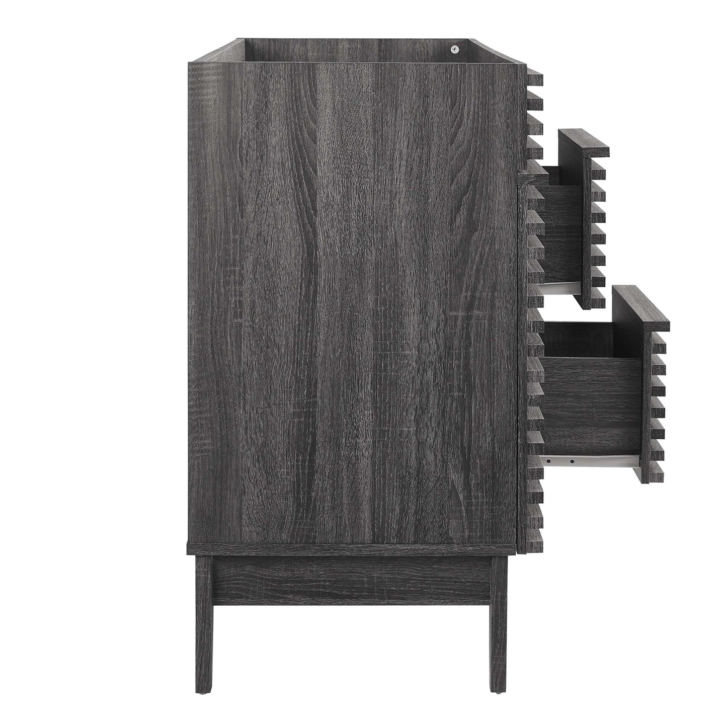 Charcoal bathroom vanity cabinet with a tall rectangular body and three stepped pull-out drawers on the right, mid-century modern.