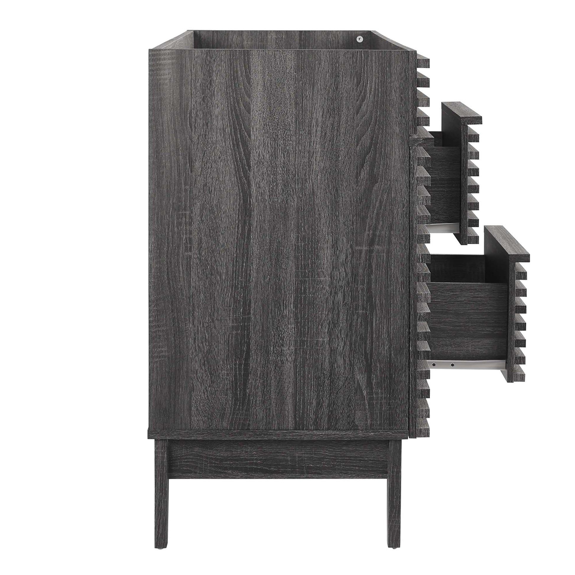 Charcoal bathroom vanity cabinet with a tall rectangular body and three stepped pull-out drawers on the right, mid-century modern.