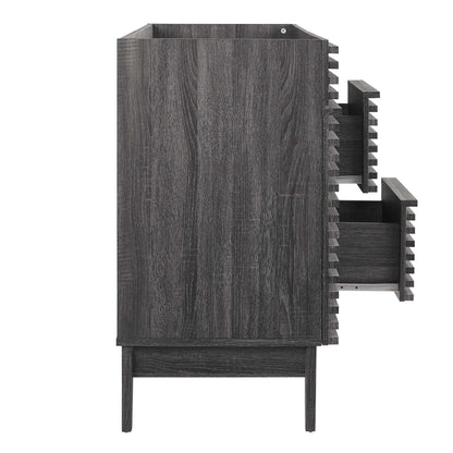 Charcoal bathroom vanity cabinet with a tall rectangular body and three stepped pull-out drawers on the right, mid-century modern.