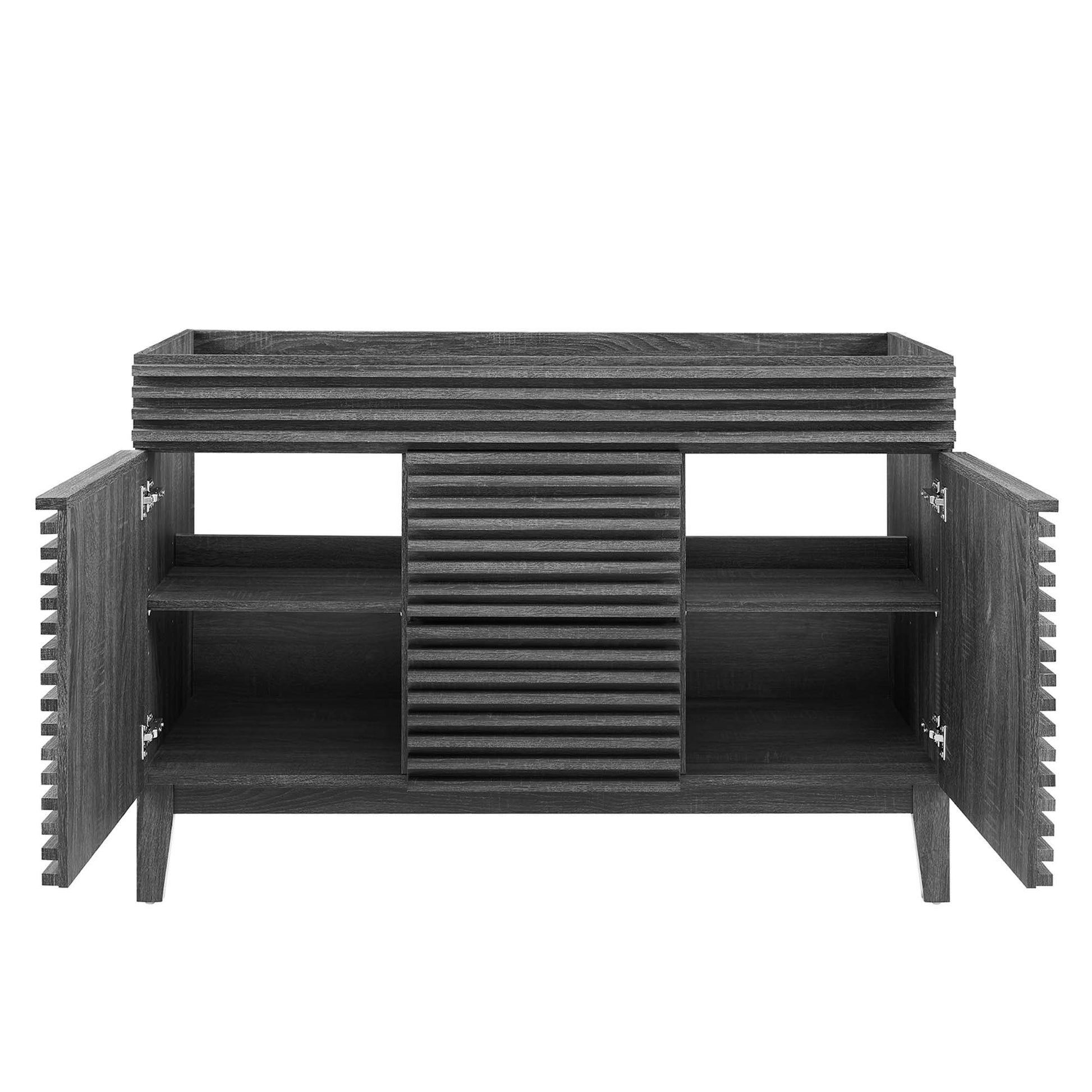 Charcoal bathroom vanity cabinet with two doors opening to reveal interior shelves.